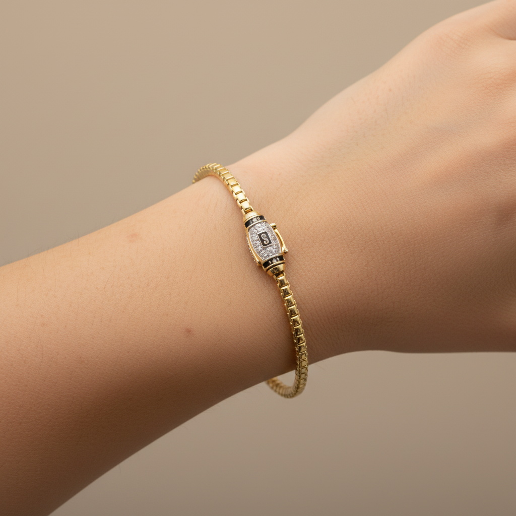 Pulsera Monaco Chain de Oro 14k Modelo Cube de Broche Pavé con Incrustación de Swarovski mod. 9505