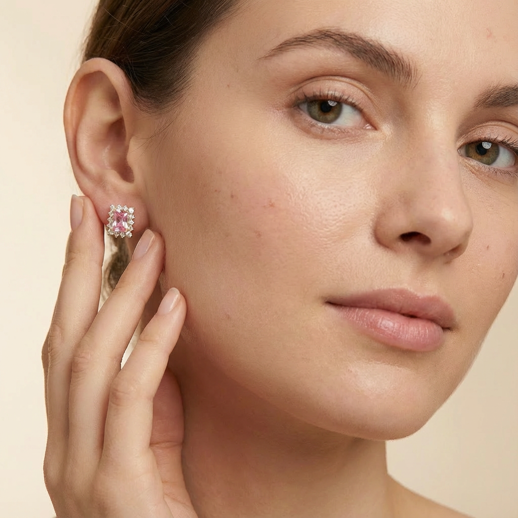 Arete de Oro 14k con Zirconia Rectangular Color Rosa y Biselado Brillante mod. 10431