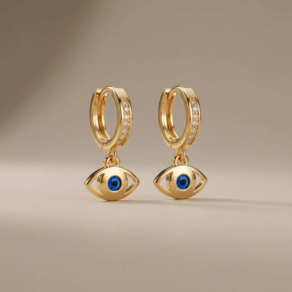 Grapa Larga de Oro 14k Diseño con Ojo Turco Especial Incrustado con Zirconia Azul mod. 10604