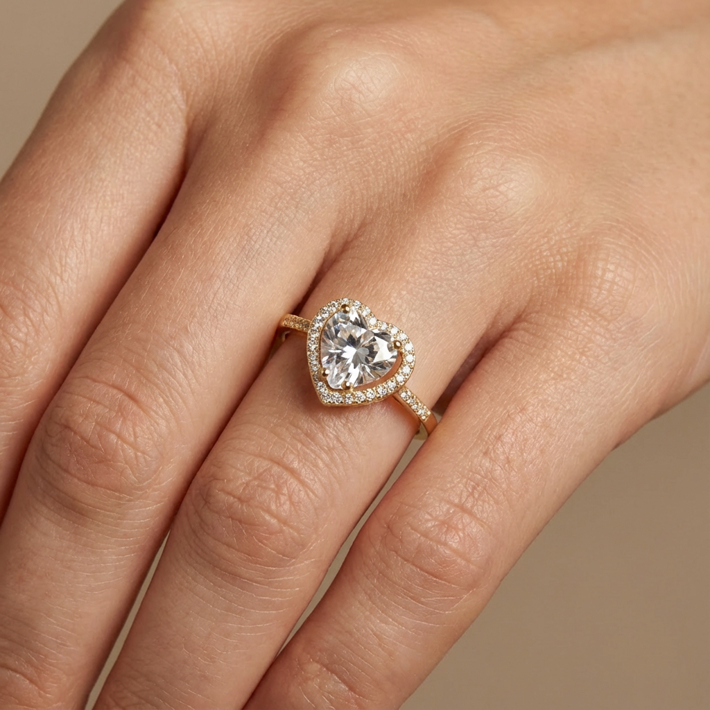 Anillo de Oro 14k Fino con Corazón de Zirconia Brillante en Montadura con Grecas mod. 10360