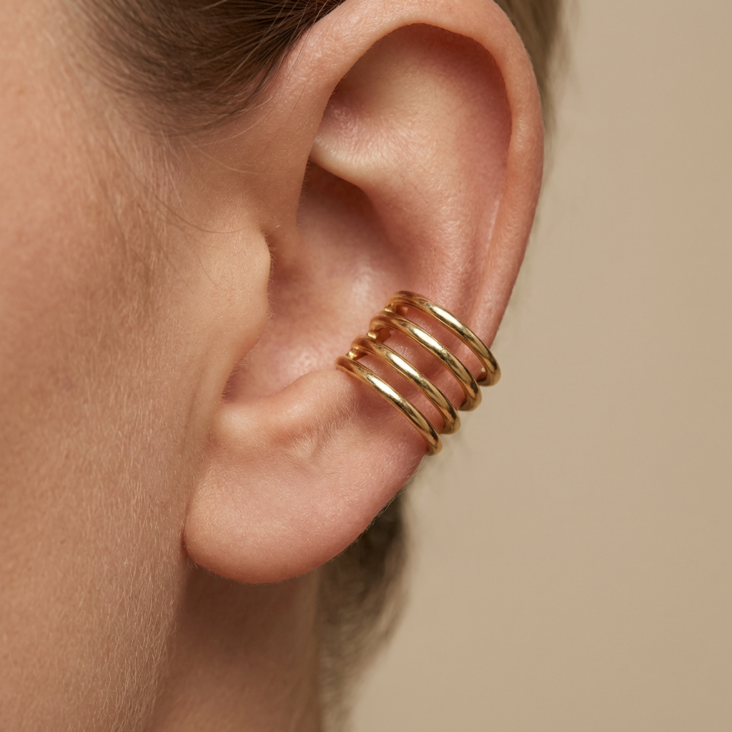 Earcuff de Oro 14k Hueco Trepador Diseño Resorte Tubular y Briilante mod. 10609