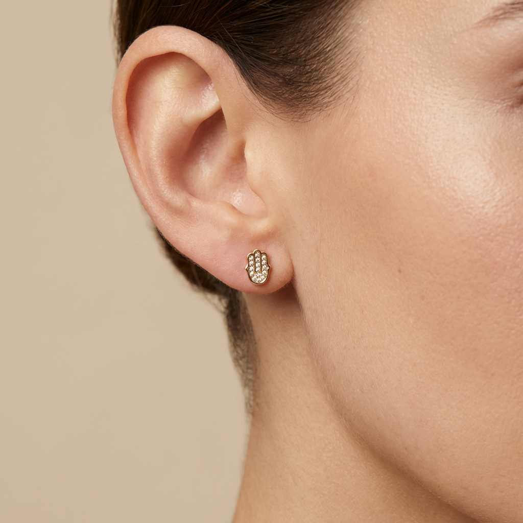 Arete de Oro 14k Mano de Fátima Rosa con Zirconias Finas mod. 10631