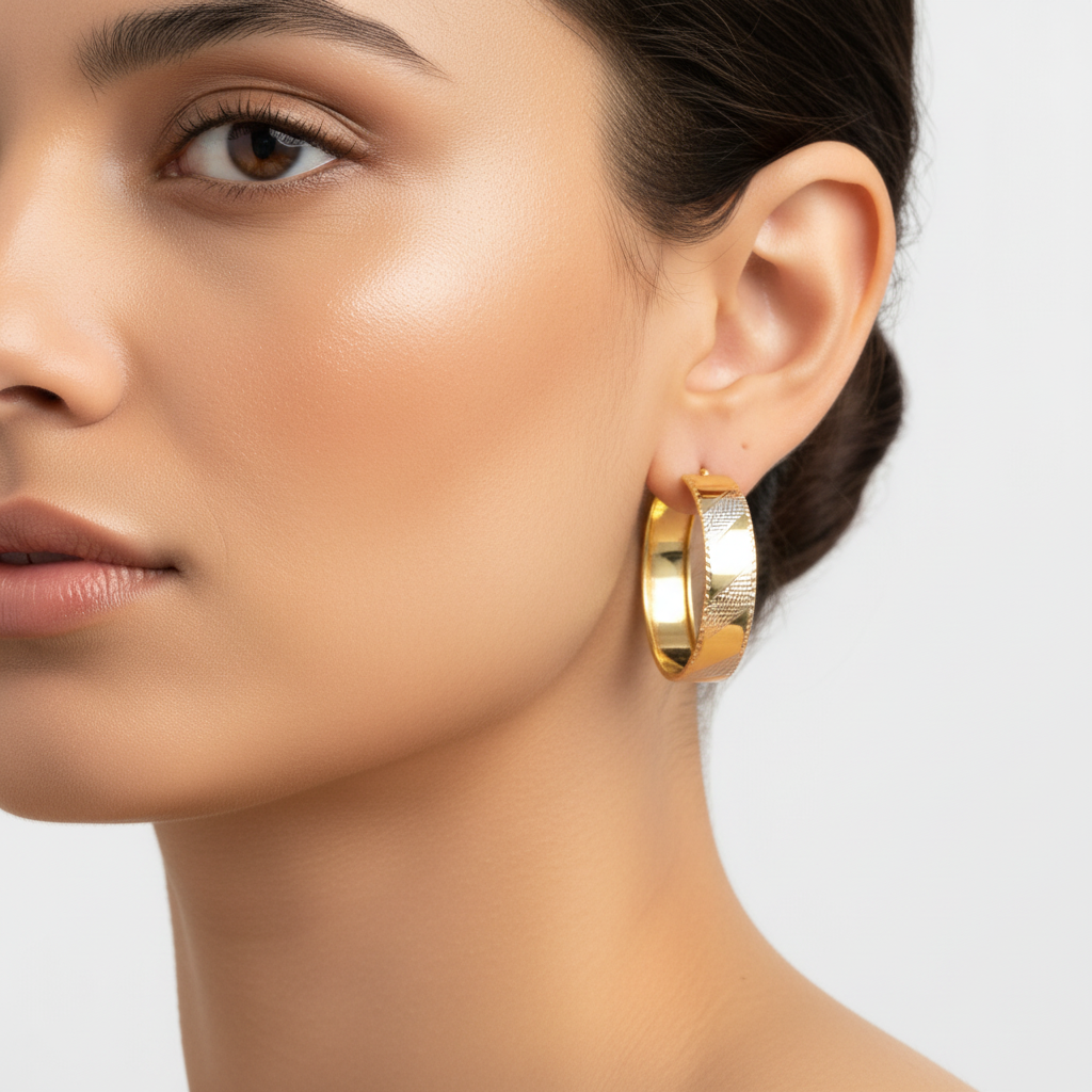 Arracada de Oro 14k Ancha y Redonda de Diseño Brillante y Diamantado mod. 10150