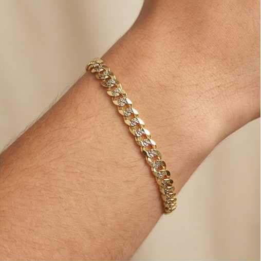 Pulsera de Oro 14k Tejido Barbado Sólido Estilo Brillante con Diamantado mod. 10527