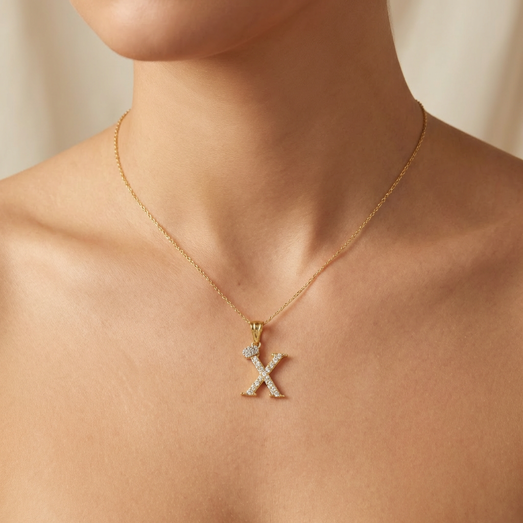Dije de Oro 14k Modelo de Inicial X Diseñado con Corona e Incrustación de Zirconias mod. 10577