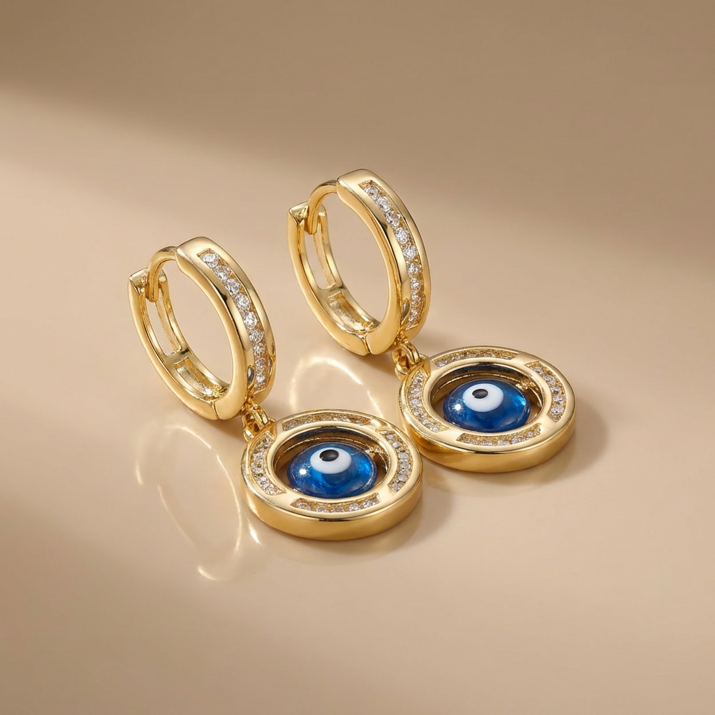 Grapa Larga de Oro 14k con Broche de Zirconias y Ojo Turco en Bisel de Zirconias mod. 10590