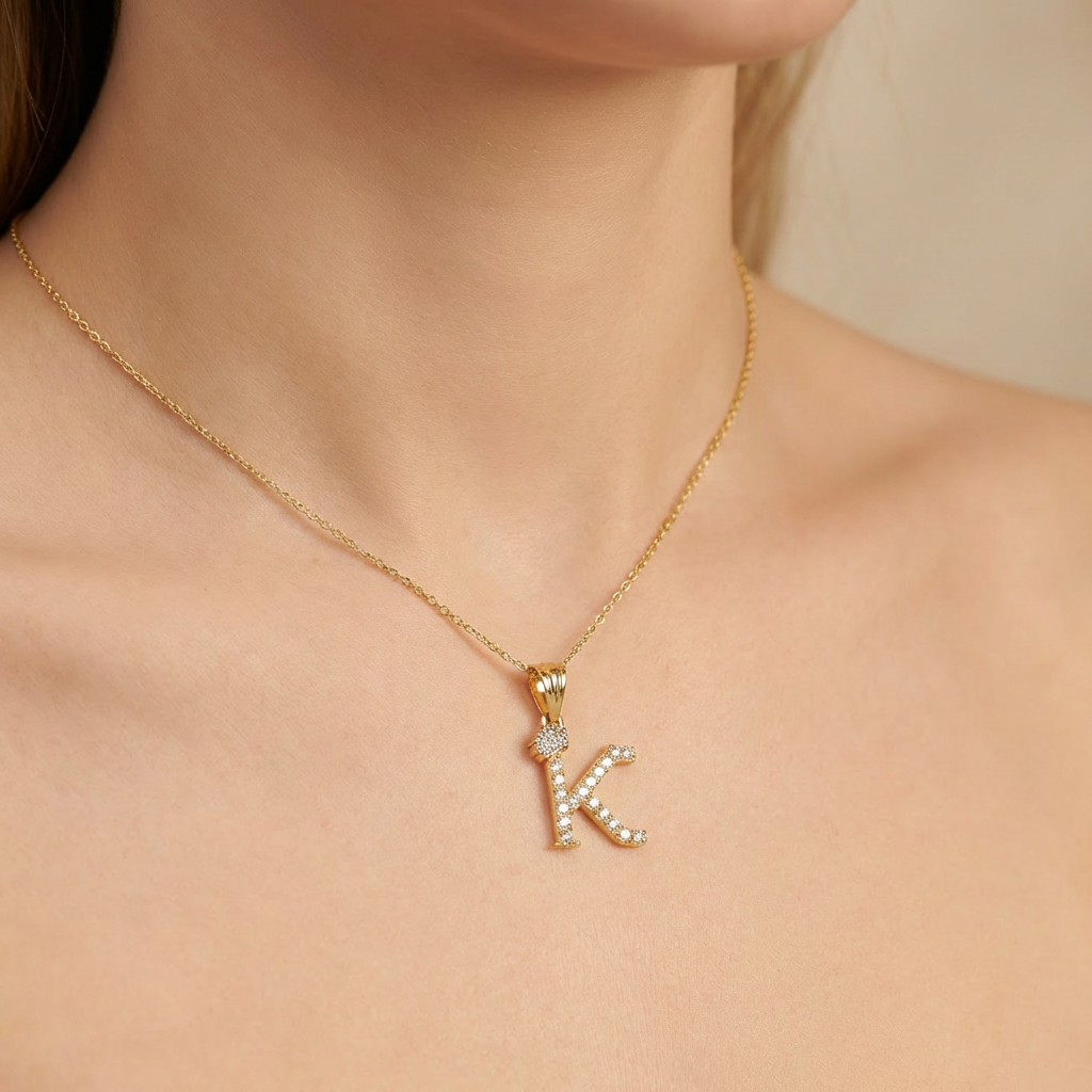 Dije de Oro 14k Modelo de Inicial K Diseñado con Corona e Incrustación de Zirconias mod. 10567