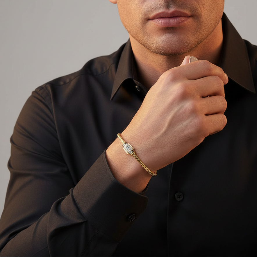 Pulsera Monaco Chain de Oro 14k Modelo Cube de Broche Pavé con Incrustación de Swarovski mod. 9505