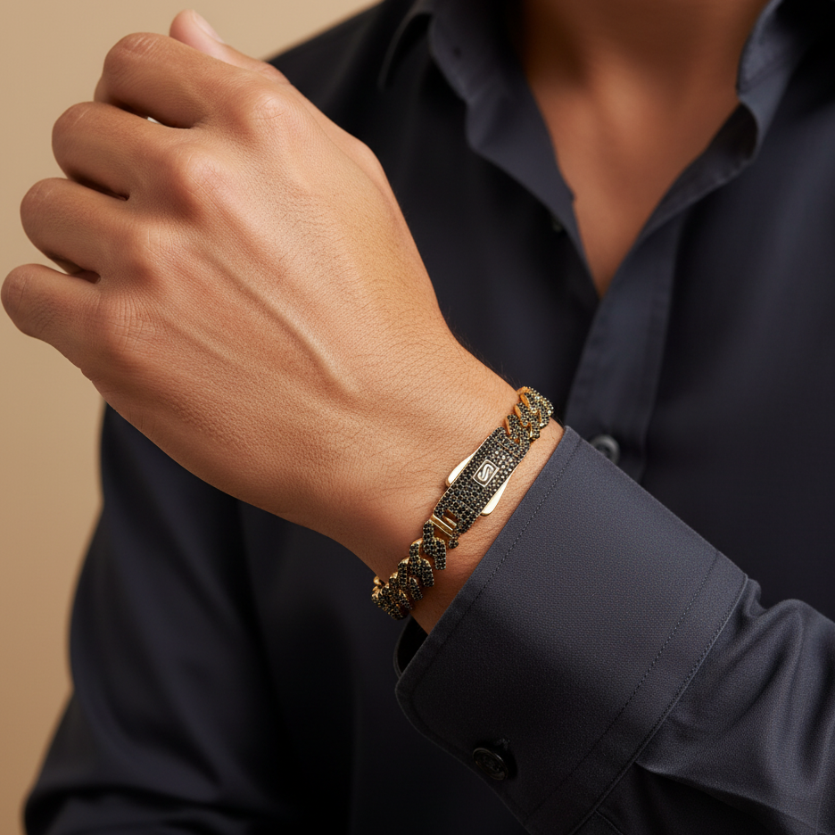 Pulsera Monaco Chain de Oro 14k  Modelo Edge con Pavé de Incrustación de Swarovski Color Negro mod. 9509