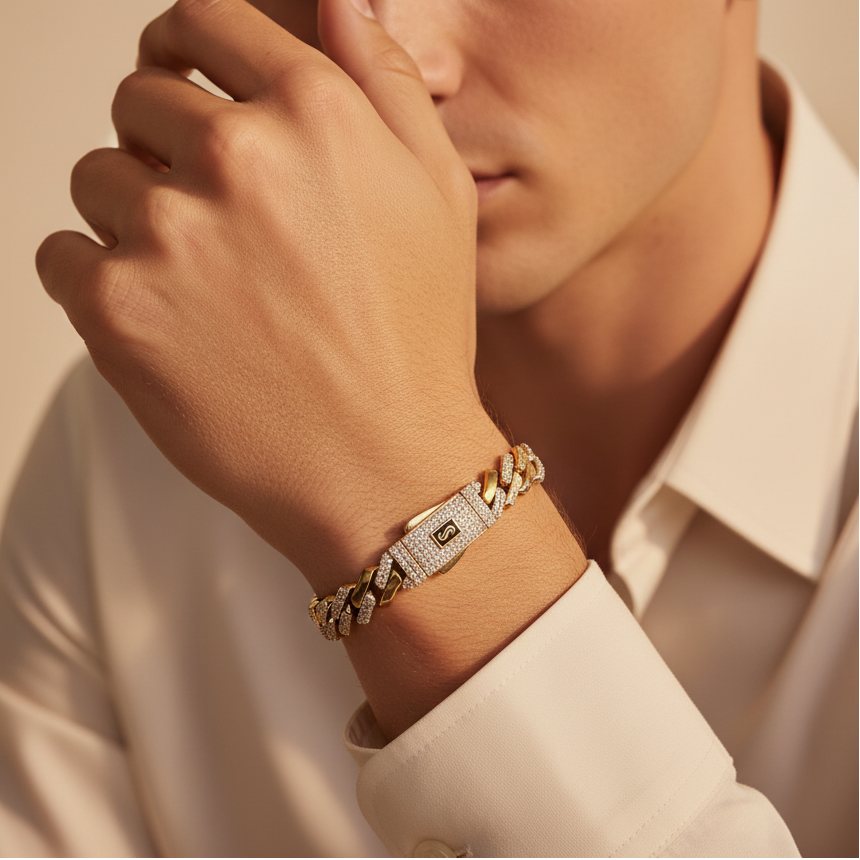 Pulsera Monaco Chain de Oro 14k Modelo Edge con Pavé de Incrustación de Swarovski mod. 10157