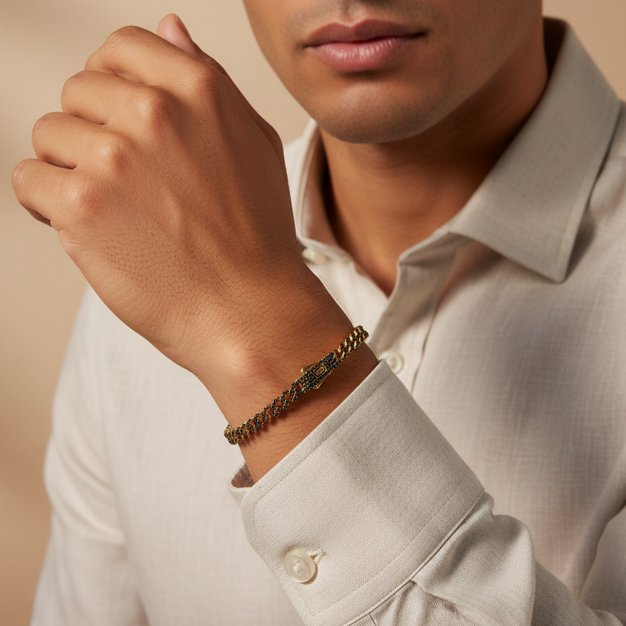 Pulsera Monaco Chain de Oro 14k  Modelo Edge con Pavé de Incrustación de Swarovski Color Negro mod. 10157