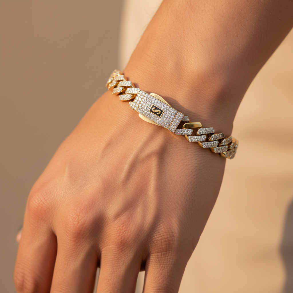 Pulsera Monaco Chain de Oro 14k Modelo Edge con Pavé de Incrustación de Swarovski mod. 10157