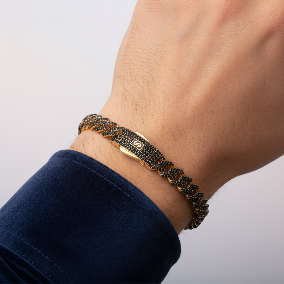 Pulsera Monaco Chain de Oro 14k  Modelo Edge con Pavé de Incrustación de Swarovski Color Negro mod. 9509