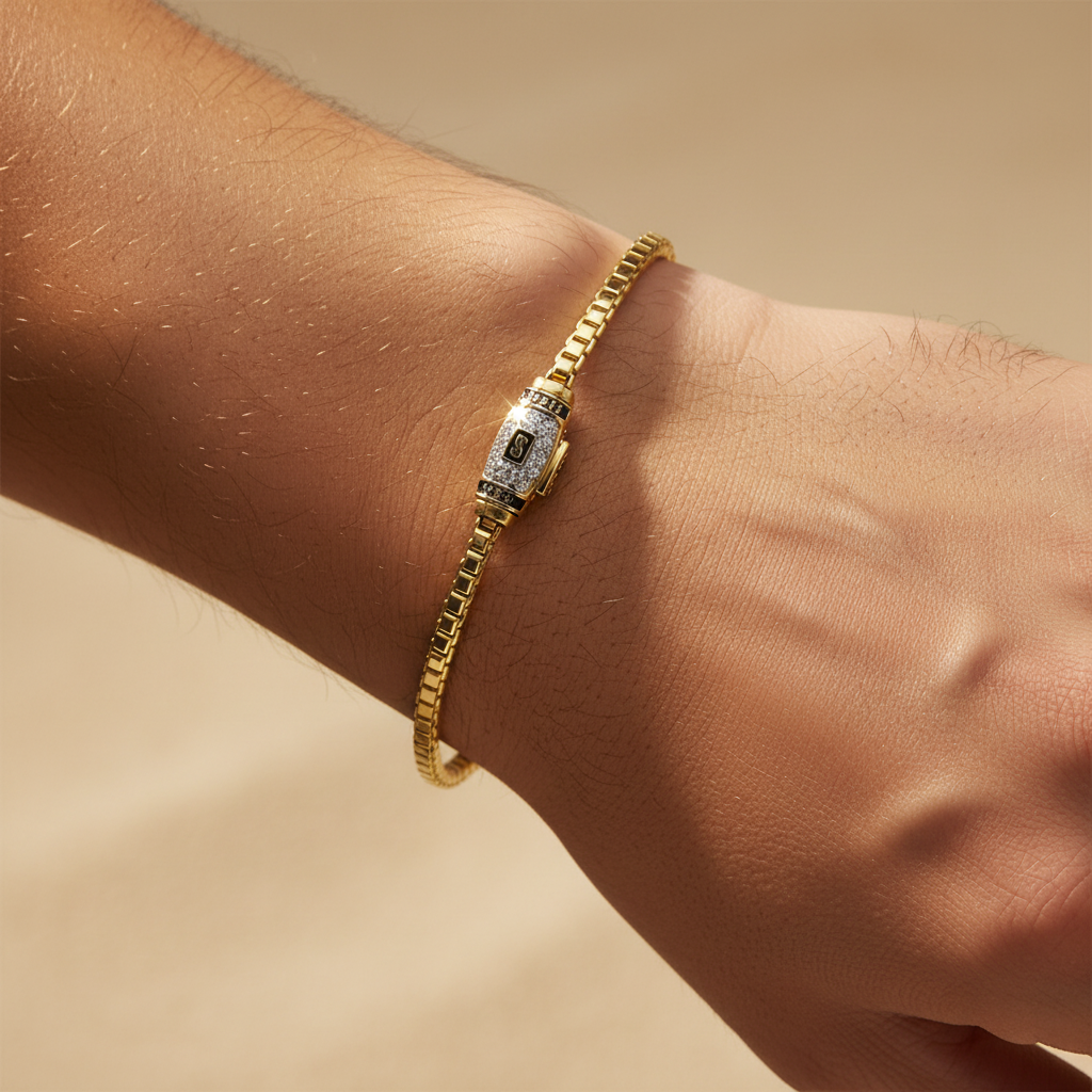 Pulsera Monaco Chain de Oro 14k Modelo Cube de Broche Pavé con Incrustación de Swarovski mod. 9505