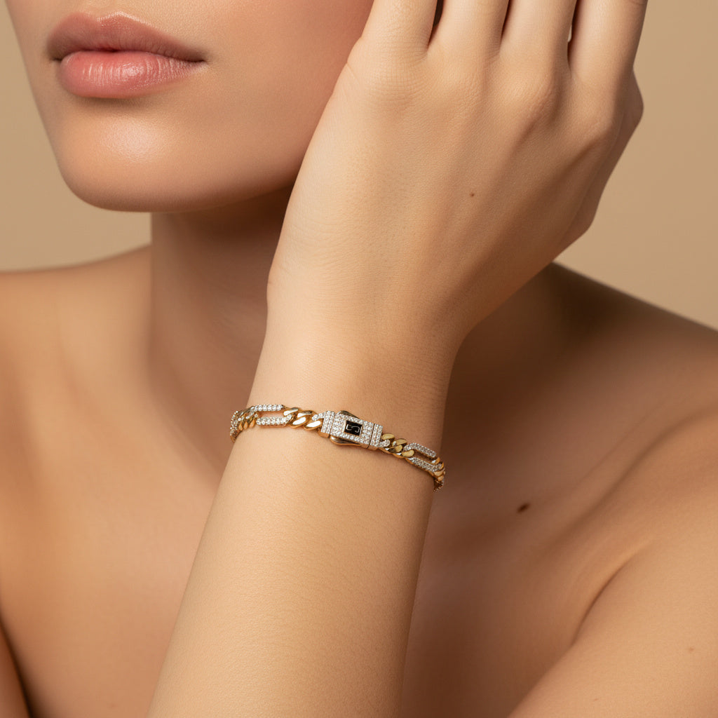 Pulsera Monaco Chain de Oro 14k Modelo Fígaro de Broche Pavé con Incrustación de Swarovski mod. 10159