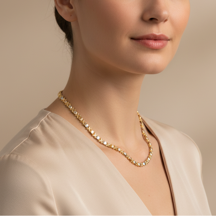 Cadena de Oro 14k con Tejido de Placas Ovales y Detalle Cruzado mod 10140