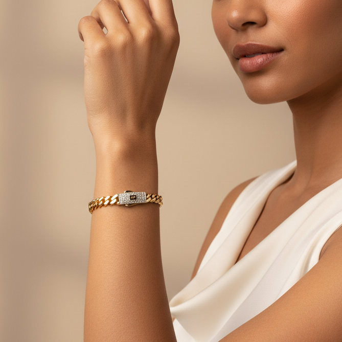 Pulsera Monaco Chain de Oro 14k Modelo Edge con Broche Baguette mod. 10160