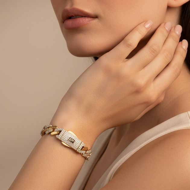 Pulsera Monaco Chain de Oro 14k Modelo Edge con Pavé de Incrustación de Swarovski mod. 10157