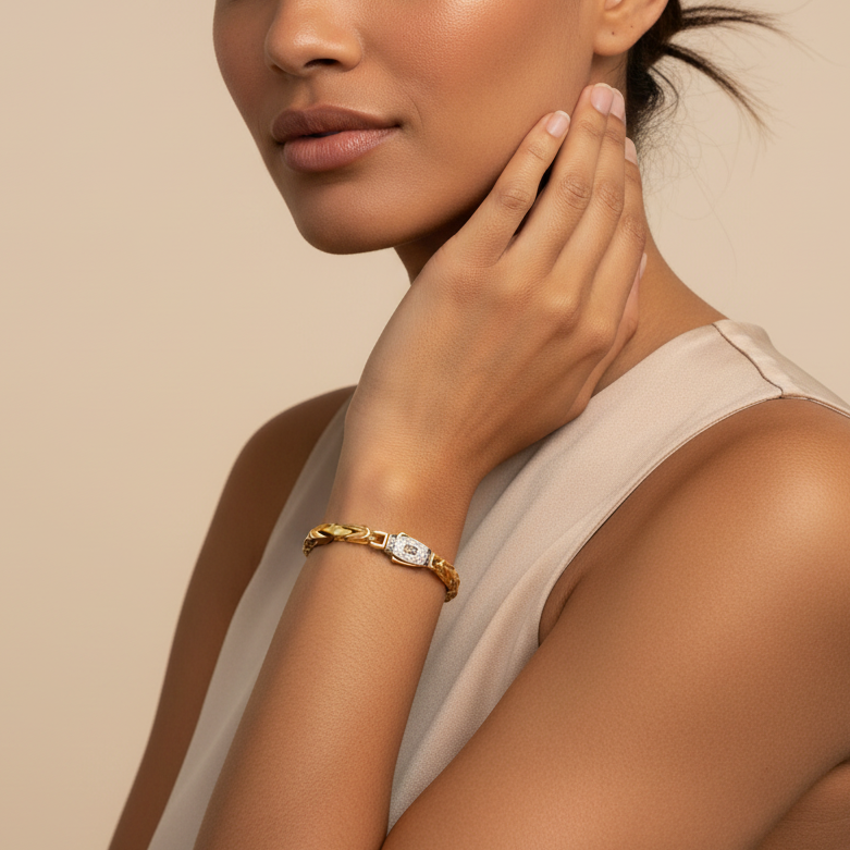 Pulsera Monaco Chain de Oro 14k Modelo Rey de Broche Pavé con Incrustación de Swarovski mod. 9685