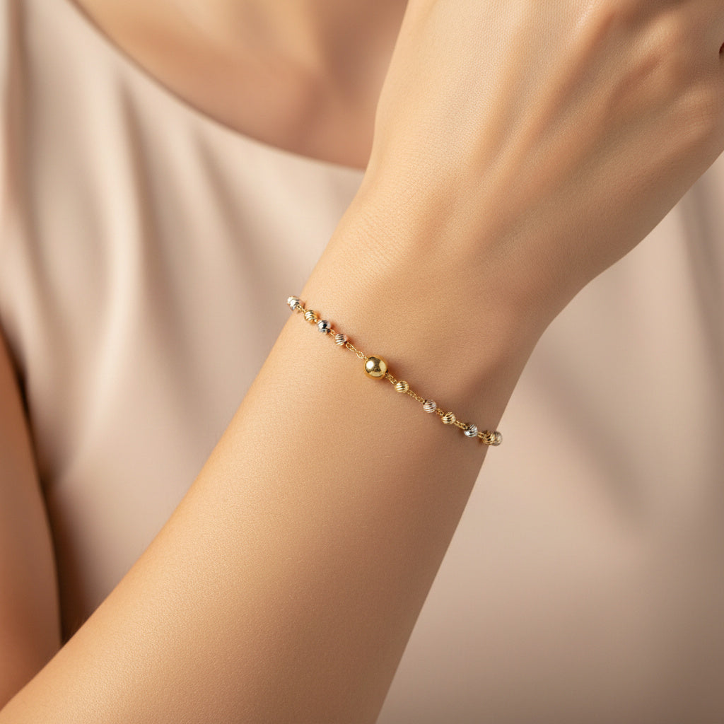 Pulsera de Oro 14k con Tejido Esférico Especial Diseño Hueco y Diamantado mod. 10203