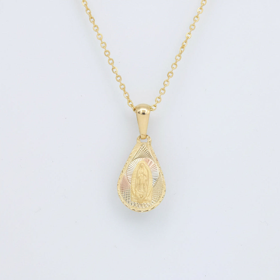 Medalla de oro 14k Virgen de Guadalupe Diseño de Gota Diamantado y Mate mod. 10181