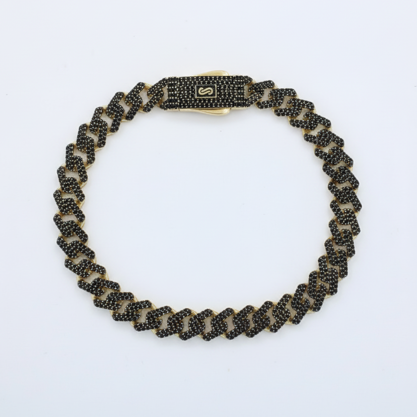 Pulsera Monaco Chain de Oro 14k  Modelo Edge con Pavé de Incrustación de Swarovski Color Negro mod. 9509