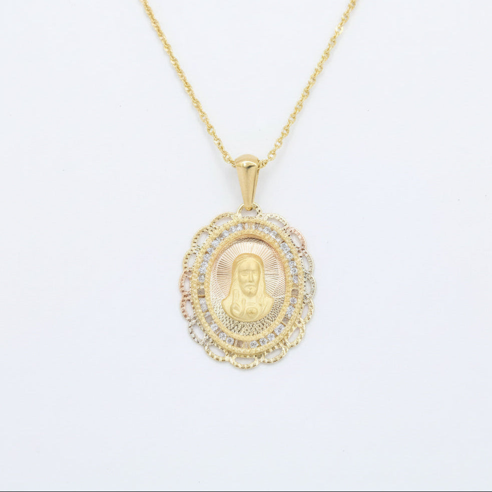 Medalla de oro 14k Sagrado Corazón de Jesús Diseño Oval Diamantado con Incrustado de Zirconias mod. 10184