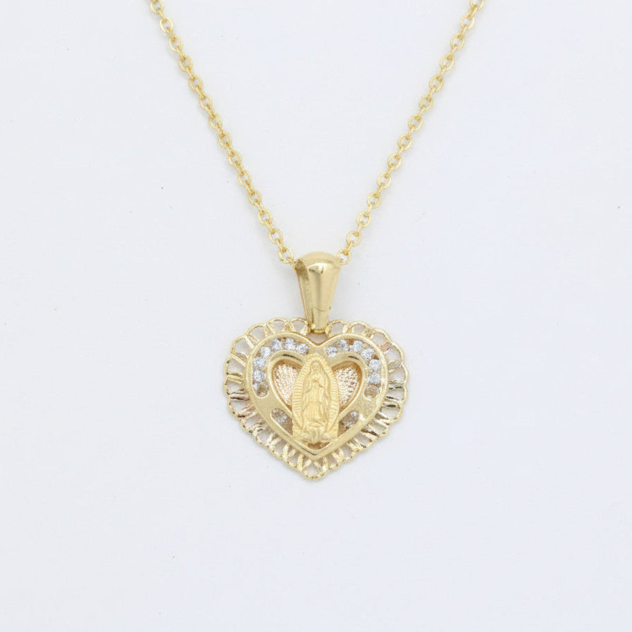 Medalla de oro 14k Virgen de Guadalupe Diseño de Corazón con Incrustado de Zirconias mod. 10179