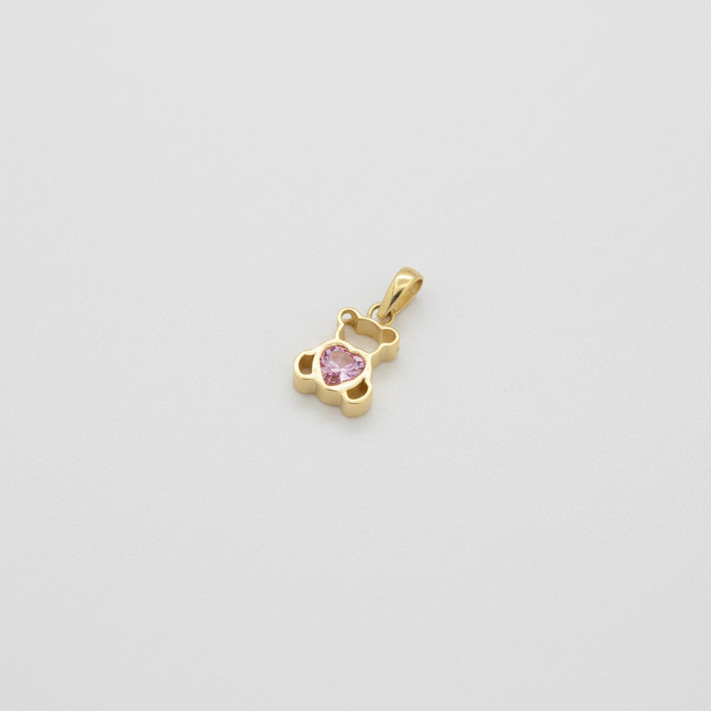 Dije de Oro 14k Osito con Corazón Rosa e Incrustado de Zirconias mod. 10085