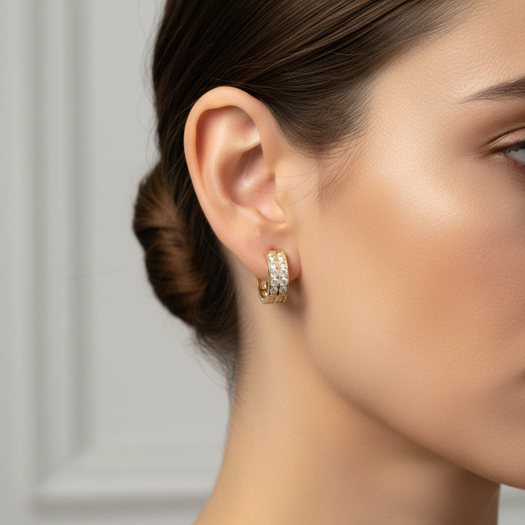 Grapa de Oro 14k Diseño de Doble Línea Incrustada con Zirconias mod. 10178