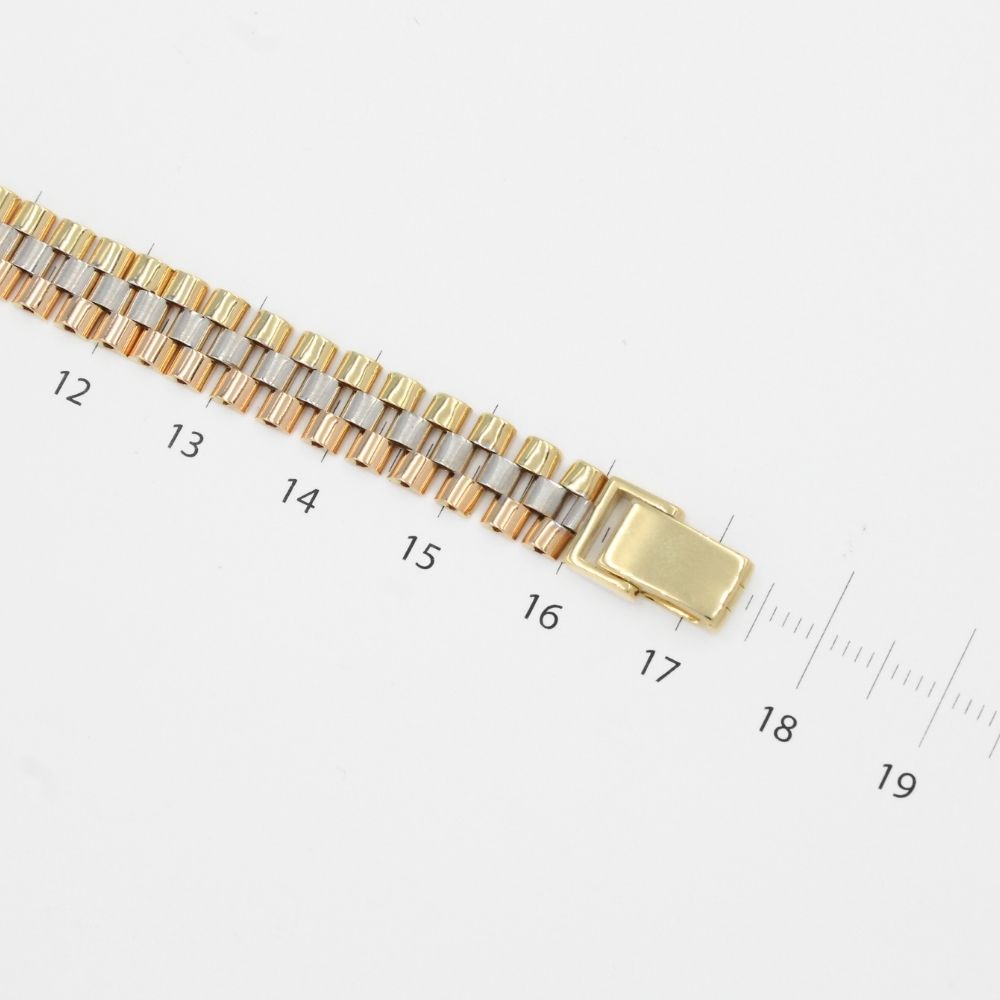 Pulsera de Oro 14k Tejido Hueco de Ensamblado Diseño de Tres Colores mod. 9803