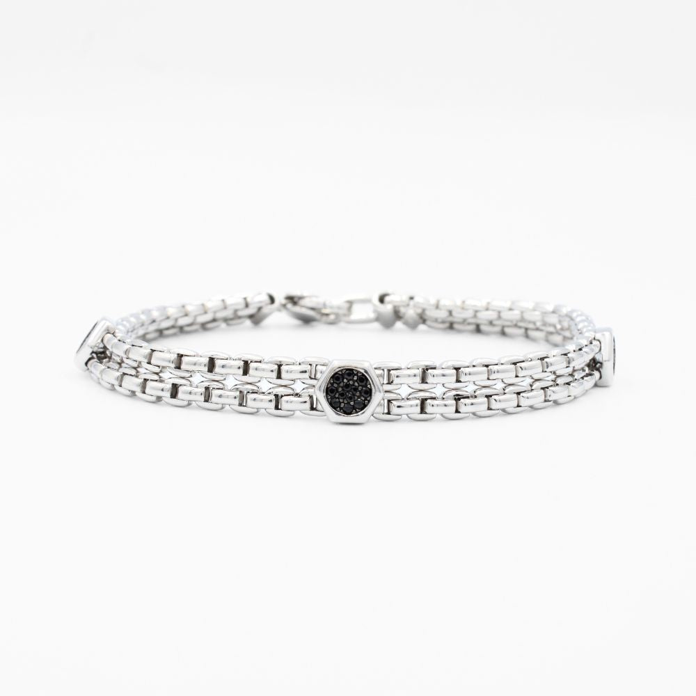 Pulsera de Oro 14k de Tejido Hueco con Eslabones Hexágono con Zirconias Oscuras mod. 8666