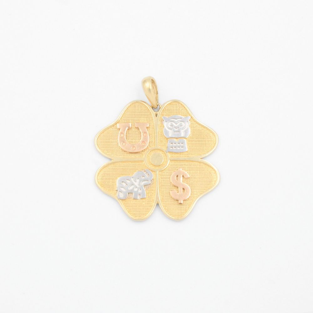 Dije de Oro 14k Diseño Trebol de la Suerte con Simbolos de la Fortuna mod. 9247