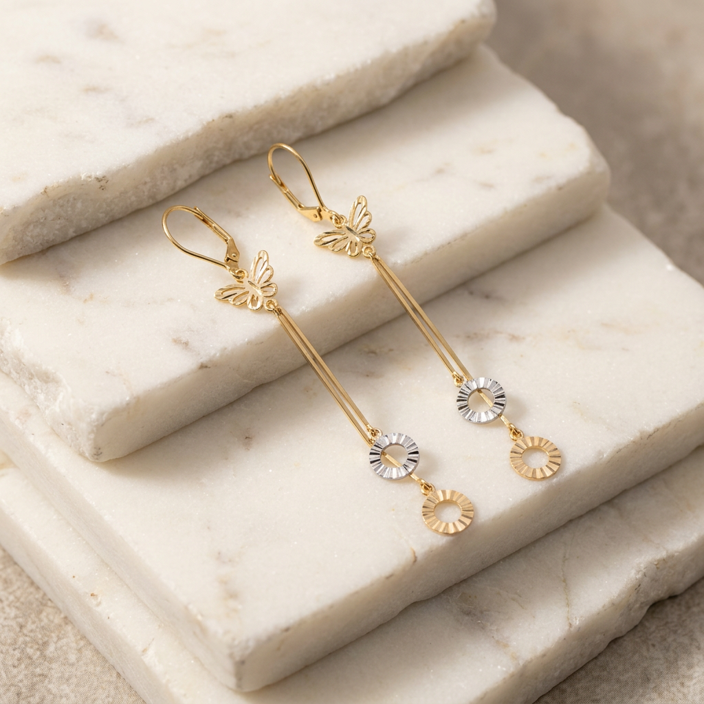Arete Largo de Oro 14k Mariposas y Aros en Oro Blanco mod. 11233