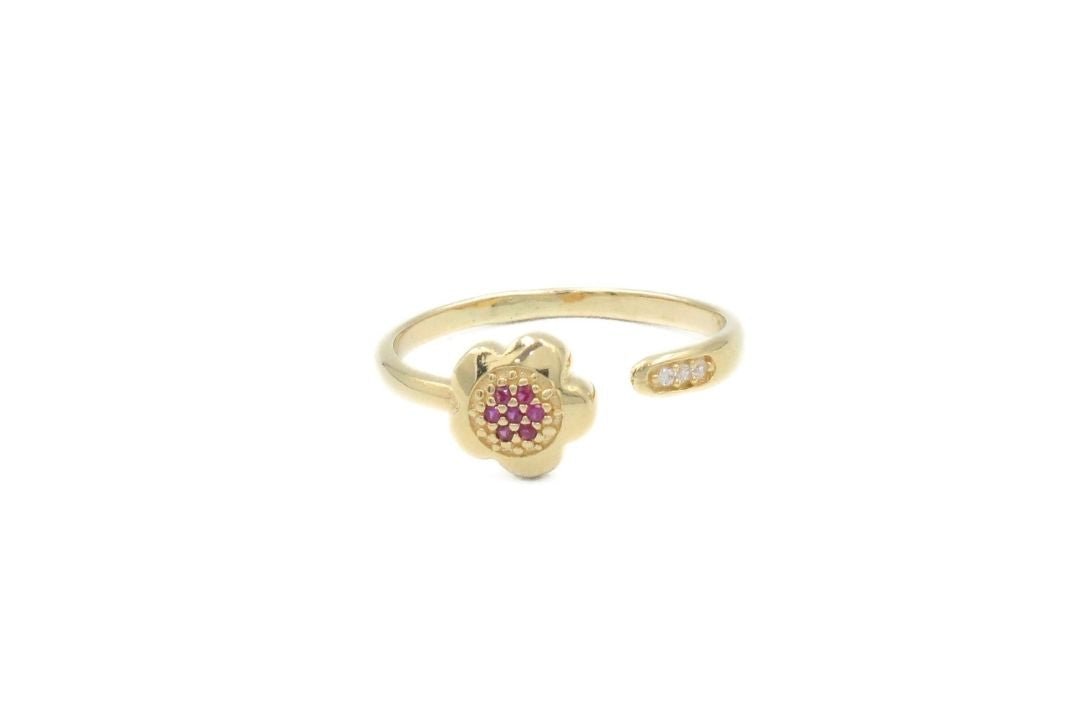Anillo de Estilo Abierto con Flor de Zirconias Magenta mod. 6078 - Joyería Orovel’s