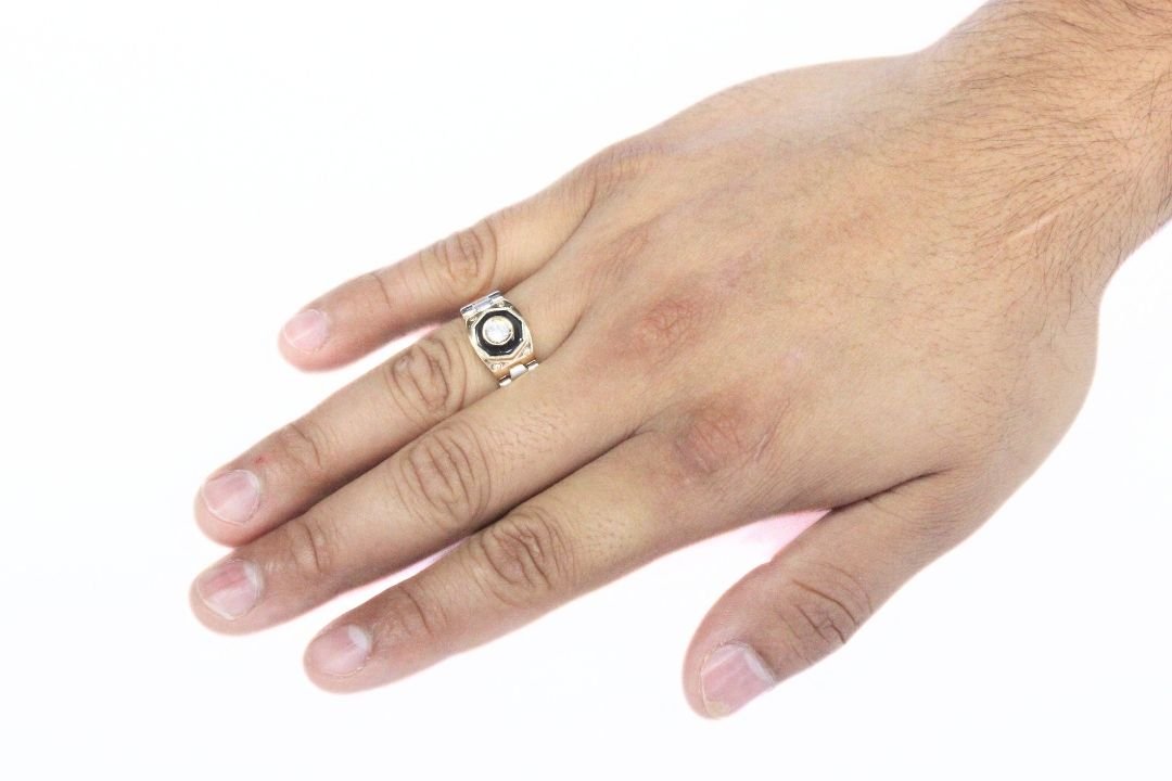 Anillo de Oro Combinado con Octágono de Esmalte y Zirconia Brillante mod. 6376 - Joyería Orovel’s