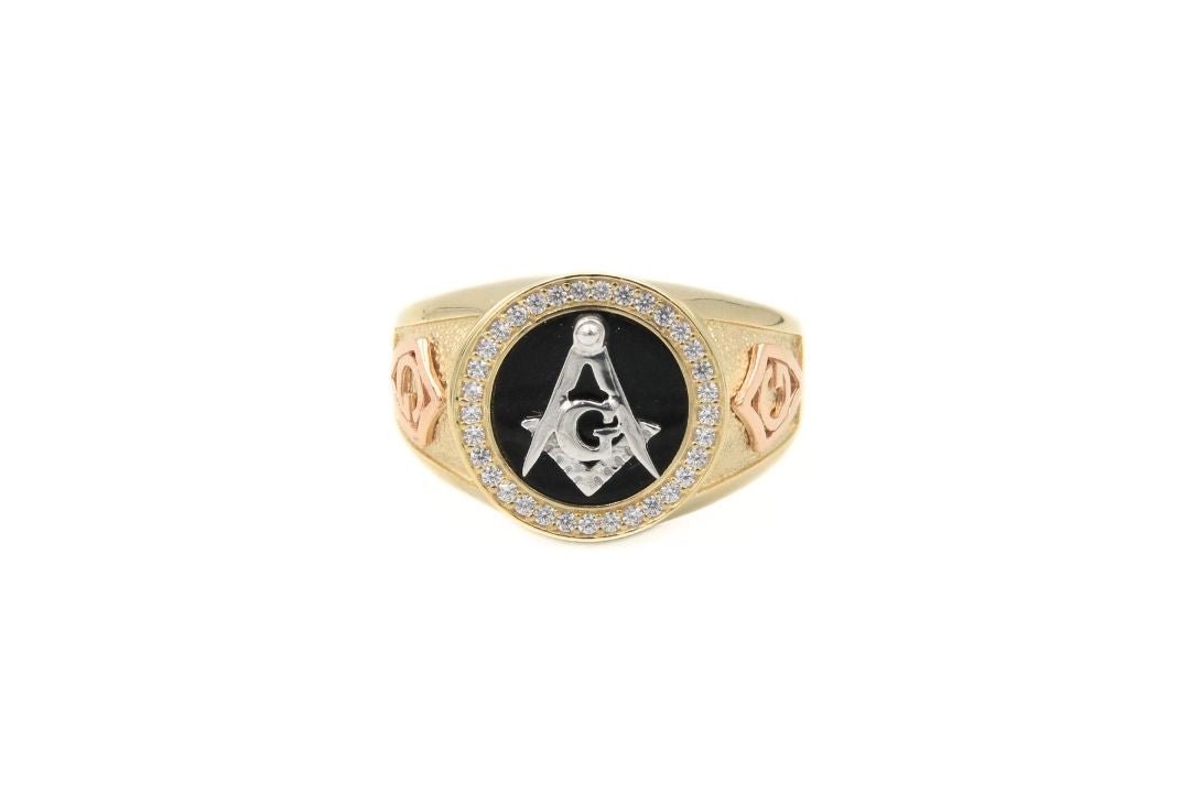 Anillo Masónico de Oro Florentino Detallado con Zirconias mod. 6005 - Joyería Orovel’s