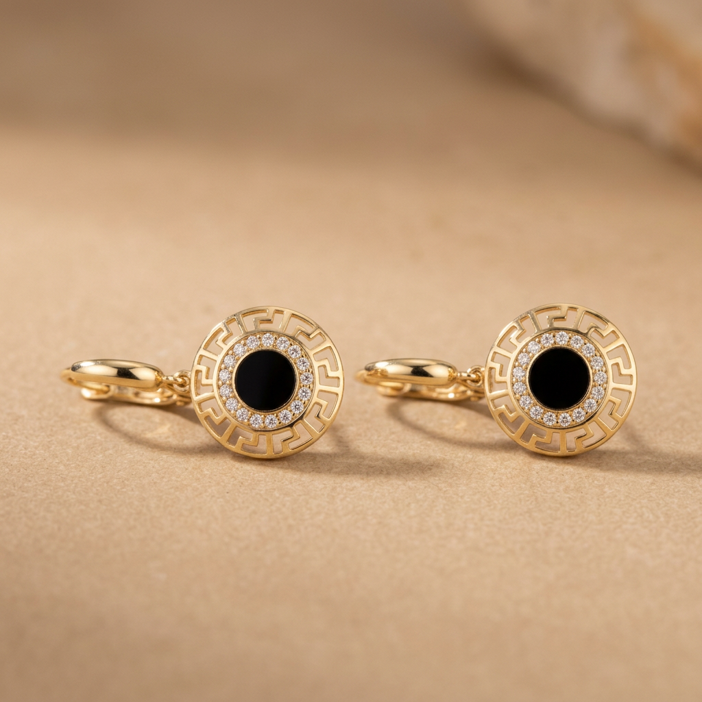 Grapa Larga de Oro 14k Grecas e Incrustación de Zirconias mod. 11238