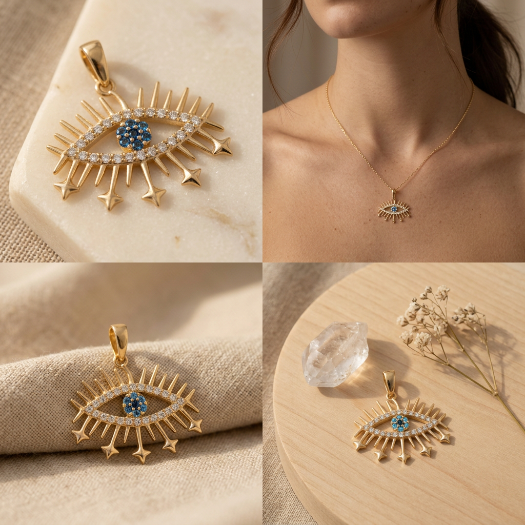 Dije de Oro 14k Ojo Turco Diseño de Destellos con Zirconias mod. 11223