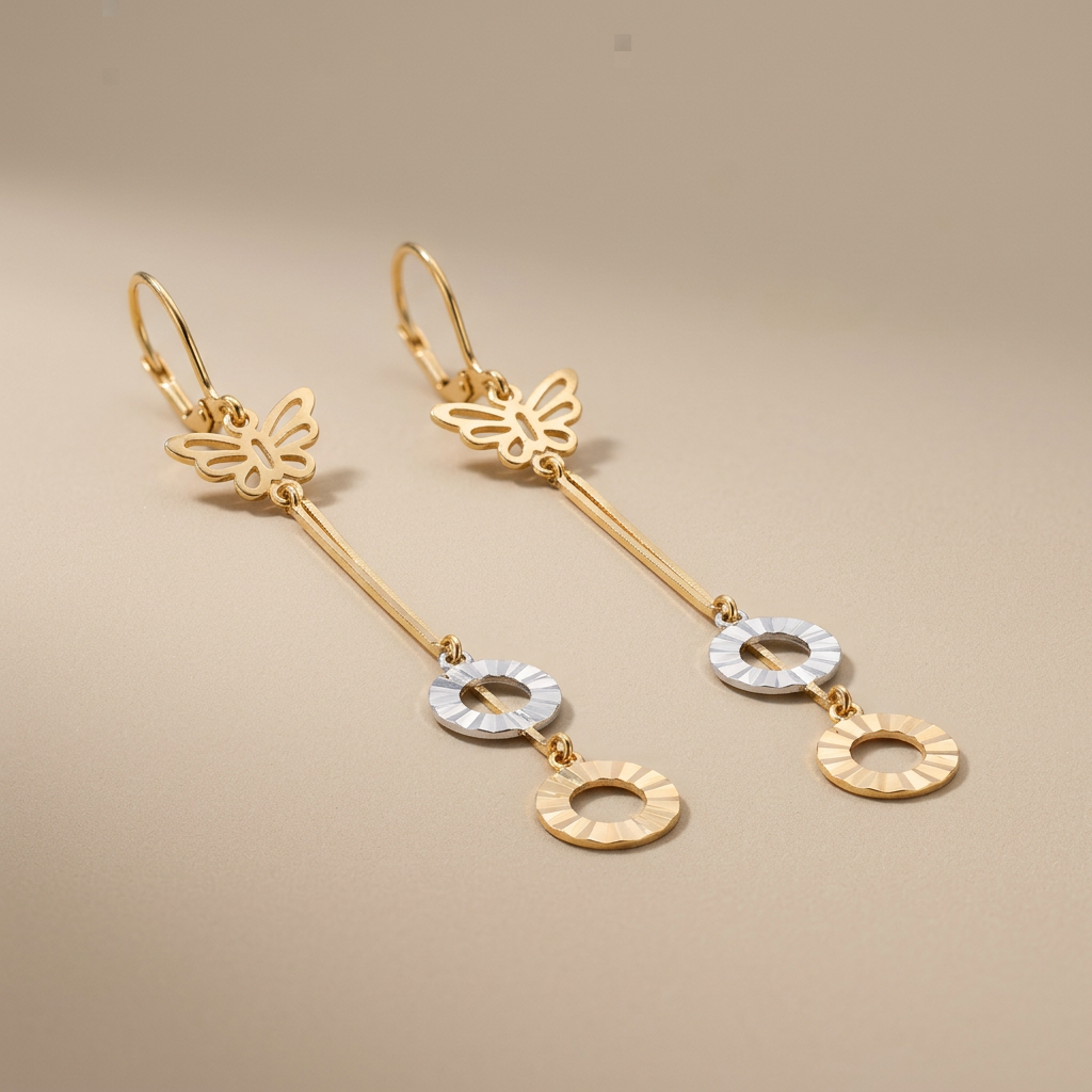 Arete Largo de Oro 14k Mariposas y Aros en Oro Blanco mod. 11233