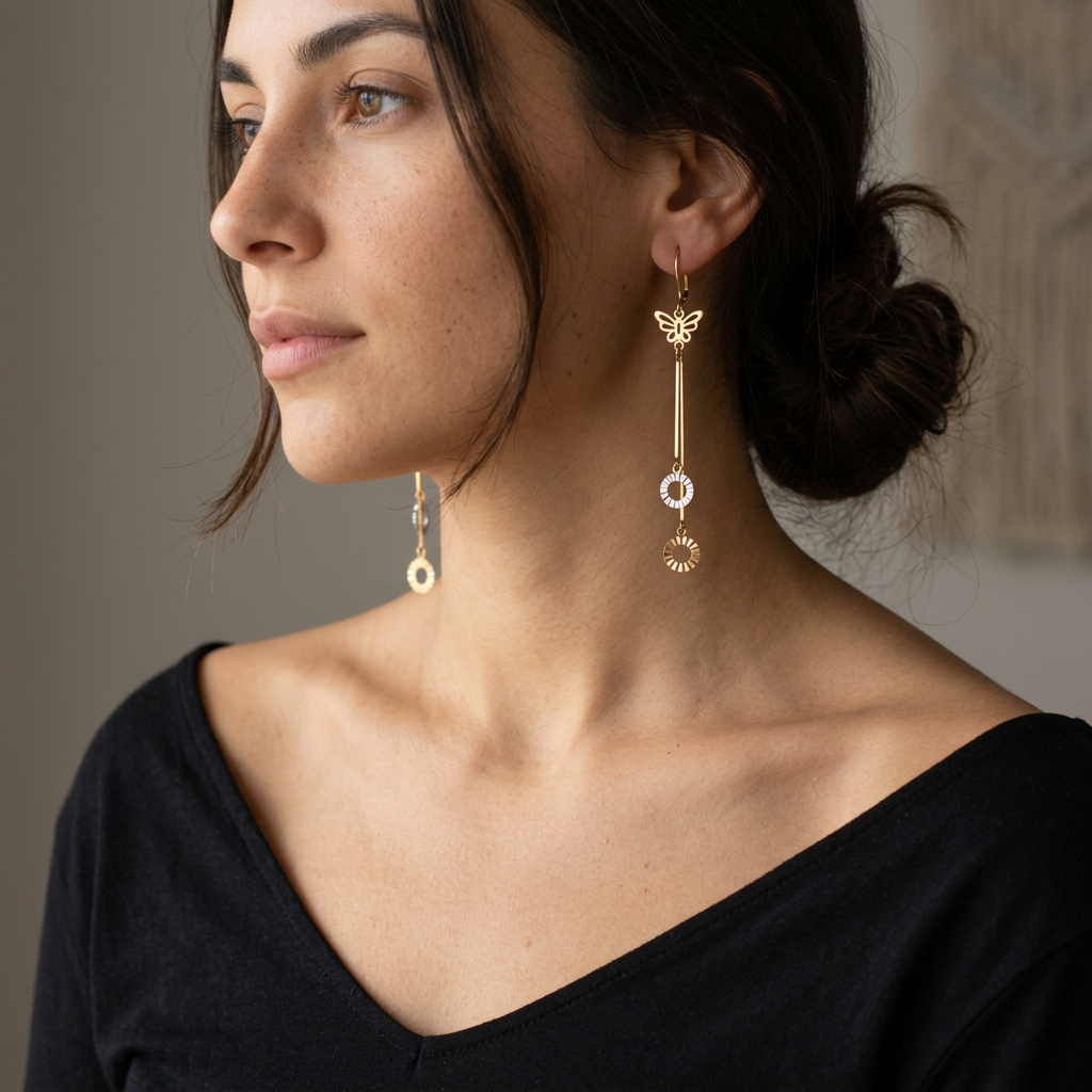 Arete Largo de Oro 14k Mariposas y Aros en Oro Blanco mod. 11233