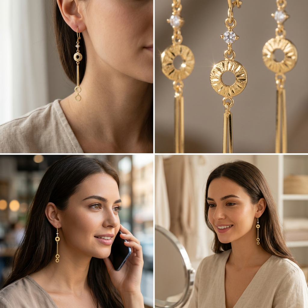 Arete Largo de Oro 14k Aros Brillantes con Zirconias mod. 11234