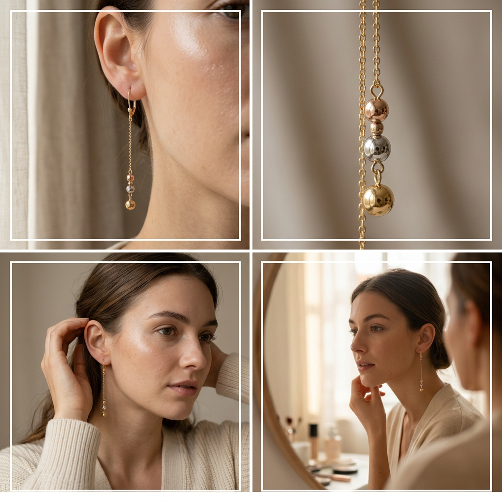 Arete Largo de Oro 14k Fino con Bolitas Florentinas mod. 11235