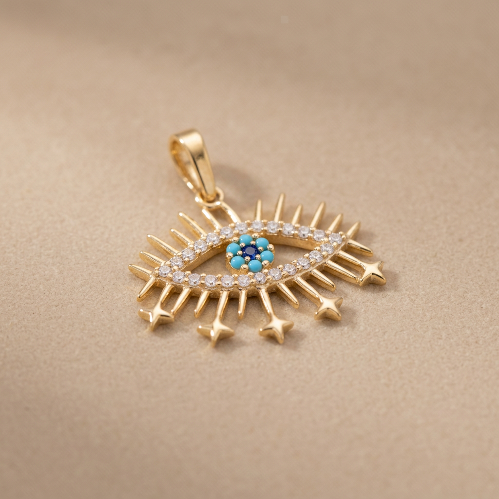 Dije de Oro 14k Ojo Turco Diseño de Destellos con Zirconias mod. 11223