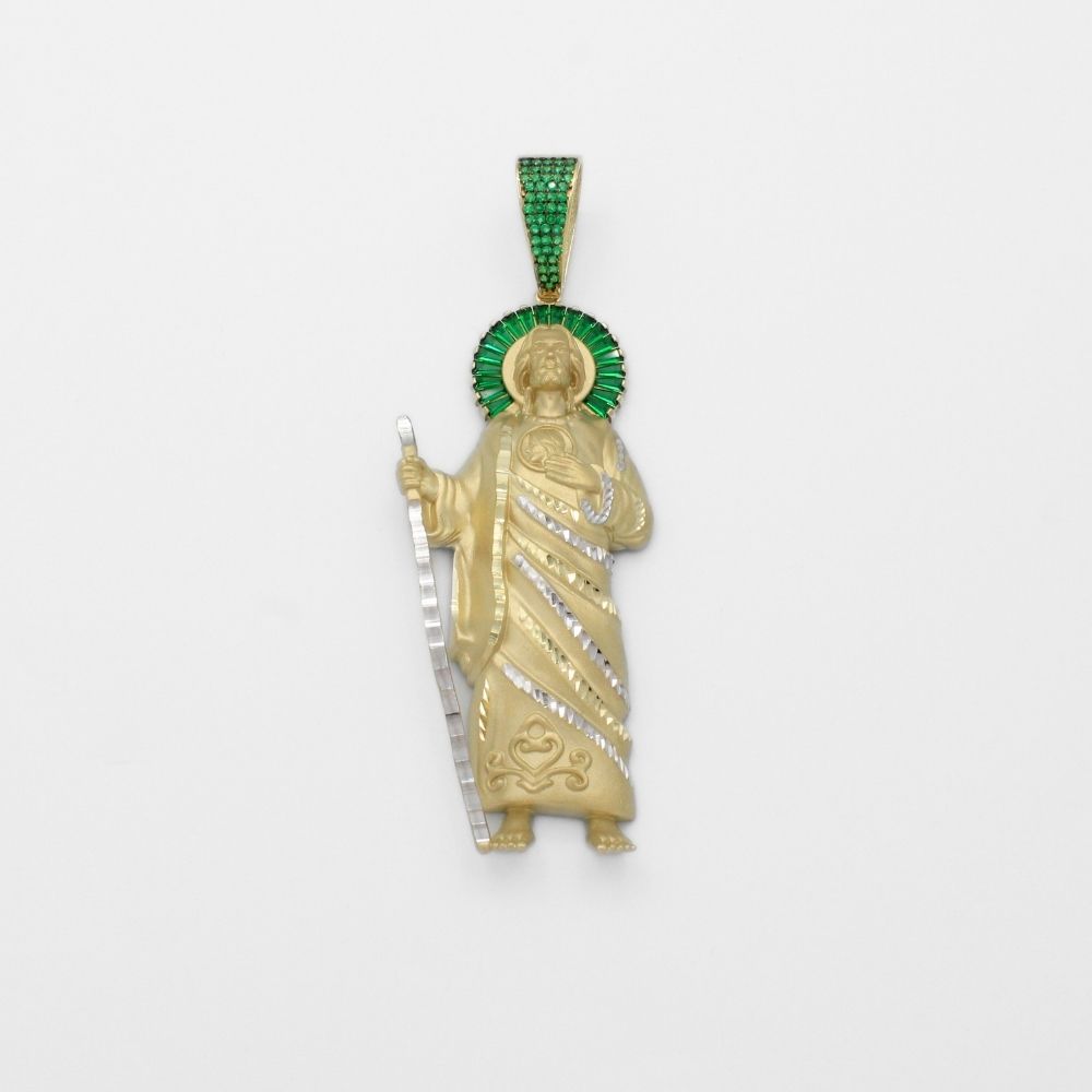 Dije de Oro 14k San Judas Tadeo con Detalles de Zirconias Verdes en Aureola y Manto  Mod. 9869