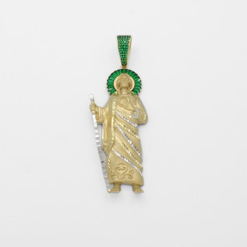 Dije de Oro 14k San Judas Tadeo con Detalles de Zirconias Verdes en Aureola y Manto  Mod. 9869