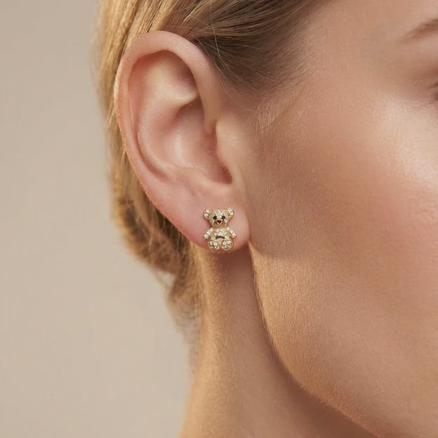 Arete de Oro 14k Osito Especial con Incrustación de Zirconias mod. 10642