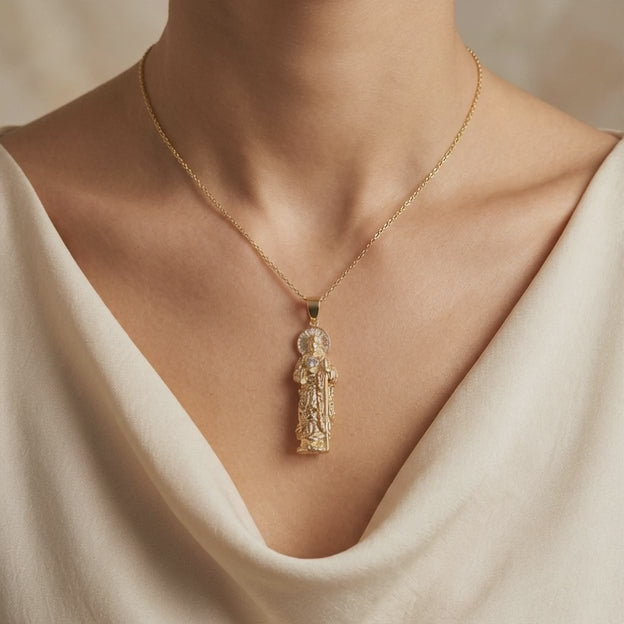 Dije de Oro 14k San Judas Tadeo Filigranado con Zirconias y Oro Blanco mod. 11090