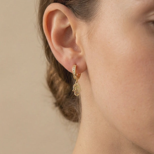 Grapa Larga de Oro 14k con Broche de Zirconias y Mano de Fátima Brillante mod. 10589