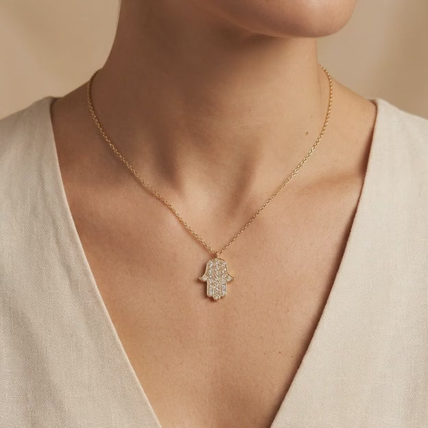 Gargantilla de Oro 14k Diseño Mano de Fátima con Zirconias mod. 10954